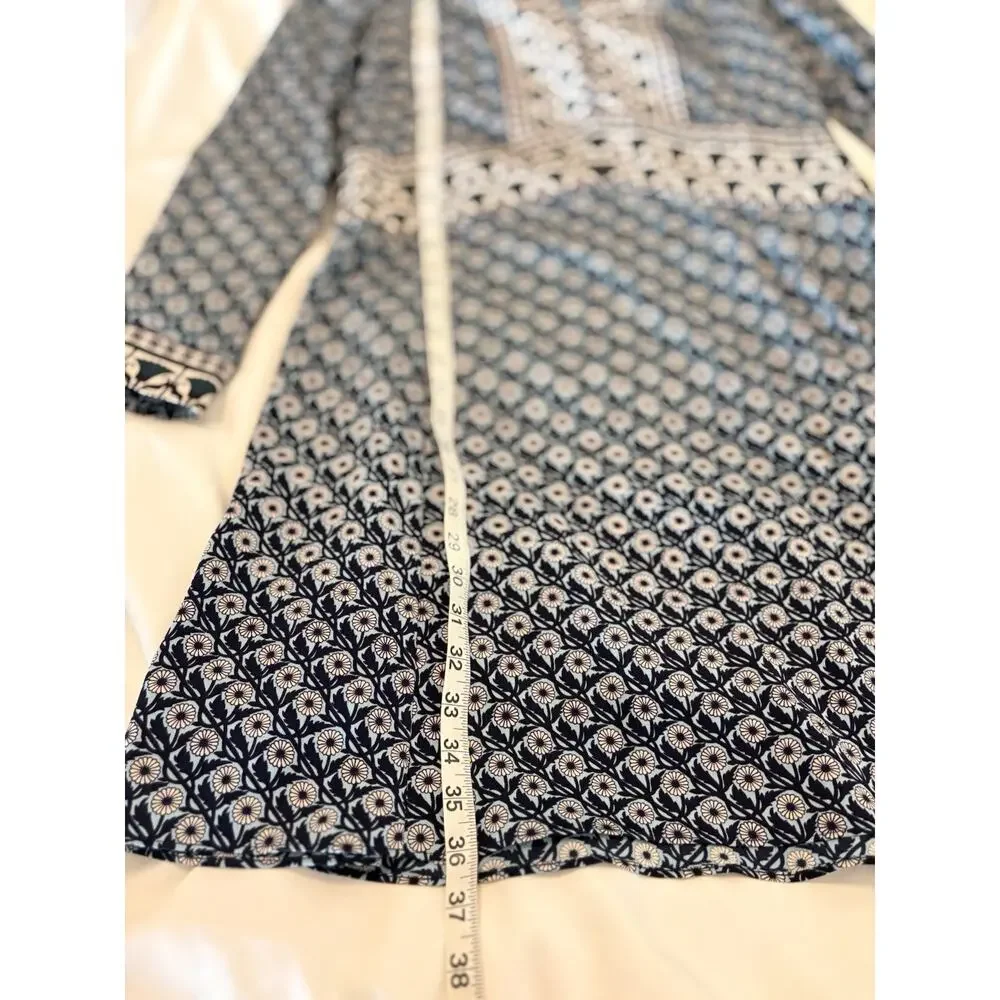 Tory Burch Long Sleeve Dress Goemetric/Floral Pattern Blue Green V-neck Size 6